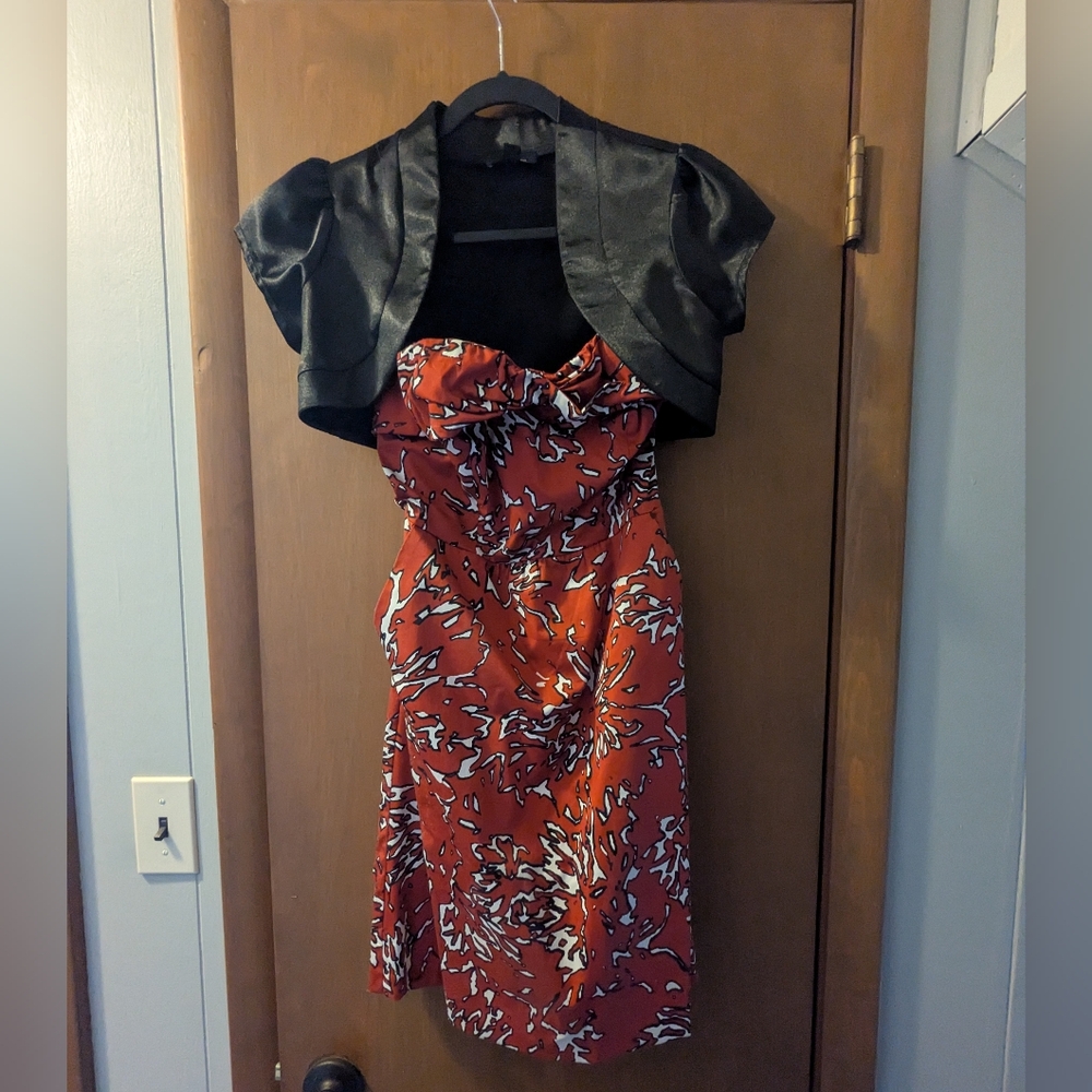 The Limited Red/White/Black Strapless Dress w/ Cover Sweater